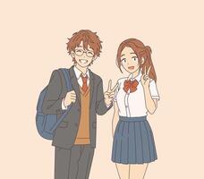 Anime style students are smiling and making peace signs with hands. They wear school uniforms. Background is plain, enhancing focus on their expressions. vector