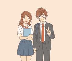 Anime characters in school uniforms smiling with a peace sign. Bright pastel background enhances the friendly atmosphere. Ideal for backtoschool or youth themes. vector