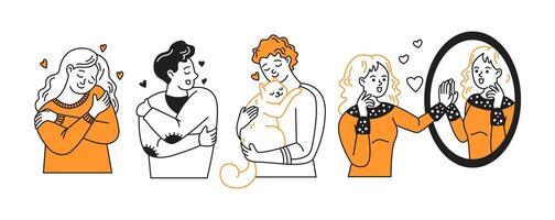 illustration of people expressing self love and compassion. Each character embraces themselves or shows care. Orange and black outlines create warmth and positivity. vector
