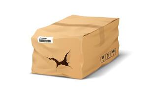 Realistic illustration of a damaged cardboard package. It features a visible crack on the front, signaling mishandling. The package is set against a plain white background. vector