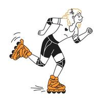 Energetic woman rollerblading with a joyful expression in a minimalist style. Black and orange colors highlight her casual and active lifestyle. vector