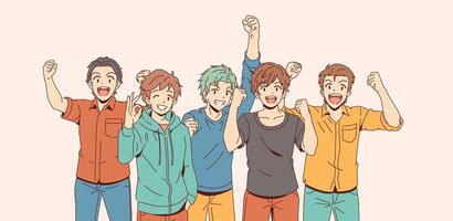 Group of five animated friends expressing joy and excitement. They stand together raising arms cheerfully. Light pastel background accentuates their happiness. vector