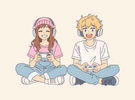 Illustration of cheerful anime teens gaming in casual outfits. They sit crosslegged with controllers in hand, wearing headphones, and express enjoyment on a plain background. vector