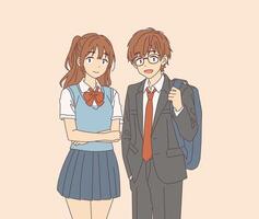 Anime illustration of a smiling boy with glasses and a girl, both in school uniforms. They stand side by side against a simple beige background, exuding a friendly vibe. vector