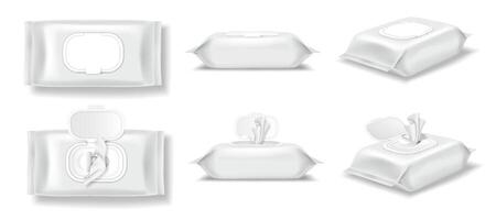 Realistic illustration of wet wipes packages in various angles, white and clean, ideal for hygiene product advertising and design on a neutral background. vector