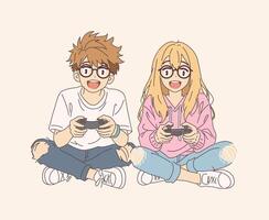Anime style illustration of a joyful young couple playing games. They sit on a neutral background. Their expressions convey excitement and fun in a casual setting. vector