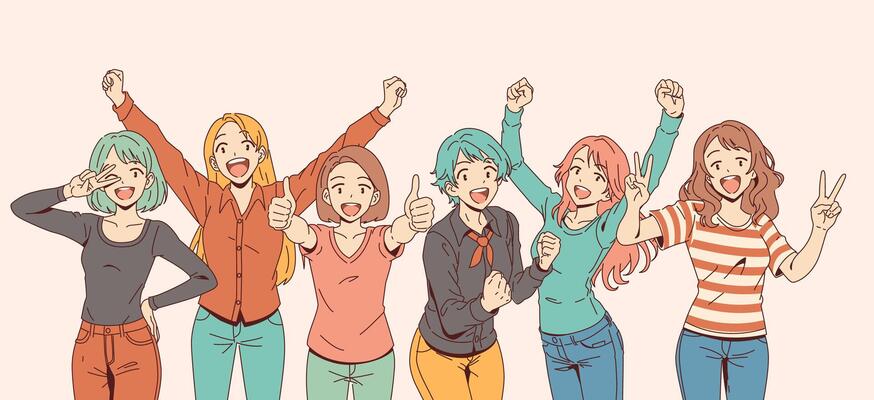 Illustration of a diverse group of cheerful friends joyfully celebrating. Characters show excitement and positivity. Simple background emphasizes their expressions.