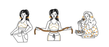 Series of three women in cartoon style. First is holding oversized pants, second with tape measure around waist, third is enjoying healthy salad. Black, white, and orange palette. vector
