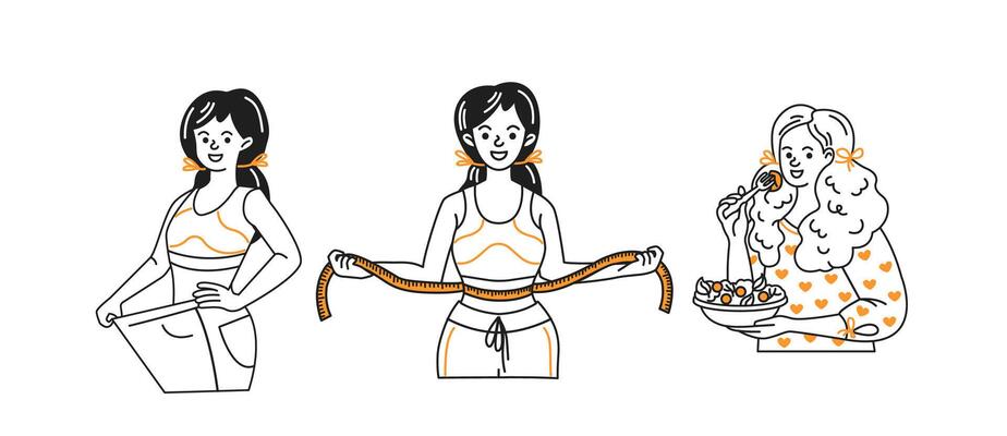 Series of three women in cartoon style. First is holding oversized pants, second with tape measure around waist, third is enjoying healthy salad. Black, white, and orange palette.