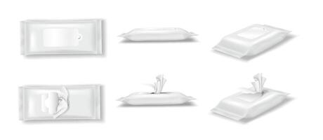 Realistic illustration of white wet wipes packaging. Various positions and orientations. Ideal for product display and advertising purposes. vector