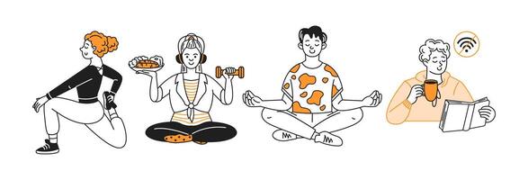 Four cartoon characters are engaged in various activities. One is stretching, another holding food and weights, one meditating, and another drinking coffee and reading a book. Simple background. vector