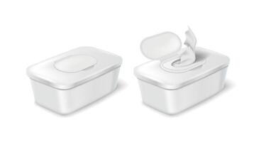 Realistic illustration of white plastic containers for wipes. One open with tissues. Minimalist design. Suitable for hygiene product packaging presentation. vector