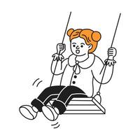 Illustration of a girl enjoying playfully swinging with smiles. Simple black outlines and orange hair create a joyful dynamic. Ideal for childrens themes. vector