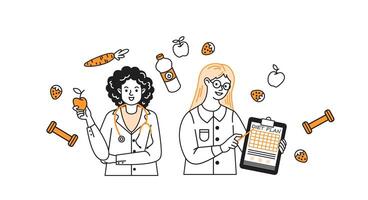 Cartoon depiction of a curlyhaired nutritionist and a blonde dietitian discussing healthy eating. Surrounded by fruits and fitness items on a white background. vector