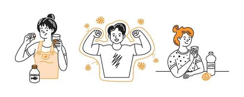 illustration featuring diverse characters promoting health. A woman takes omega supplements, a man shows strength, and a girl enjoys a refreshing drink. Simple design. vector