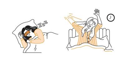 Cartoon woman peacefully sleeping, wearing eye mask, cozy in bed. Adjacent image of woman joyfully stretching, waking up. Orange accents on white background. vector