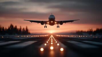 Lone Aircraft Taxiing with Illuminated Path at Dusk Under a Clear Twilight Sky photo