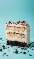 Fail burnt cake layered cake with filling cream on vertical background photo