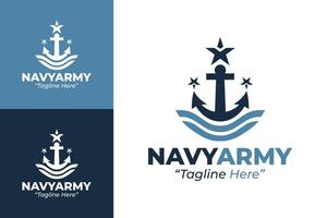 Powerful Navy Army Logo in Light Blue and Dark Blue with Anchor, Star, and Water Elements vector