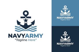 Iconic Navy Army Logo with Anchor, Star, and Water Elements in Blue for Defense Branding vector