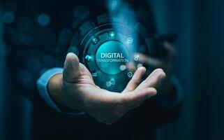 Futuristic digital transformation interface hovering above businessman hand, showing innovation, technology icons, and data connectivity for business growth, automation, and AI integration photo