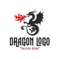 Bold Black Dragon Breathing Red Fire Logo for Mythical Branding and Fantasy Identity vector