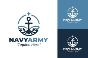 Modern Navy Army Logo with Anchor, Star, and Water Element for Armed Forces Branding in Blue vector