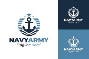 Sleek Navy Army Logo with Anchor, Star, and Water for Modern Military Branding in Blue vector