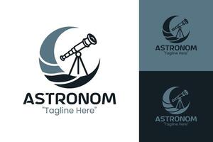 Modern Astronomer Logo in Grey Tones Featuring Moon and Telescope for Space Identity vector
