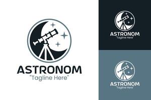 Minimalist Astronom Logo in Light Grey and Dark Grey with Moon and Telescope Icon vector