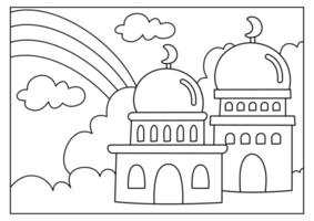 cute mosque coloring page with clouds and rainbow vector