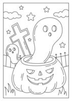 graveyard with ghost and pumpkin printable coloring page vector
