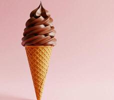 Chocolate Soft Serve Ice Cream in Waffle Cone on Pink Background photo