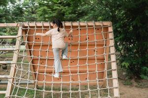 Child Climbing a Vertical Playground Net in a Park Surrounded by Lush Green Trees on a Sunny Day, Joyful Outdoor Activity for Kids photo