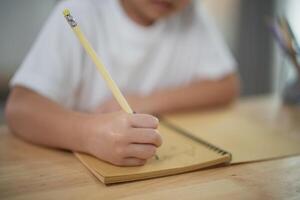 Child Drawing with Pencil on Notepad, Creative Expression in Art, Focused Young Learner, Developmental Activity for Children, Learning through Creativity photo