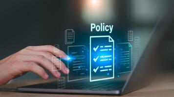 Businessman checking steps through a virtual online document with a list of checkboxes Concepts of practices and policies, company articles of association Terms and Conditions ,quality inspection photo