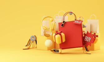 Colorful sale-themed setup with gifts, heels, headphones, and a large red tag labeled SALE and BUY surrounded by shopping bags. 3d rendering. photo