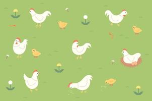 Chickens and chicks in a green field vector