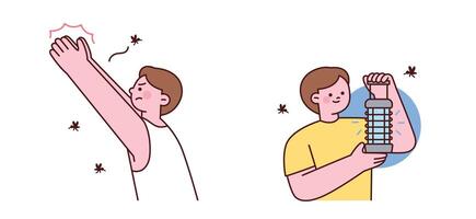 People dealing with mosquitos. One person is annoyed by buzzing mosquitos, while another is using a mosquito trap or lamp to attract and eliminate them vector