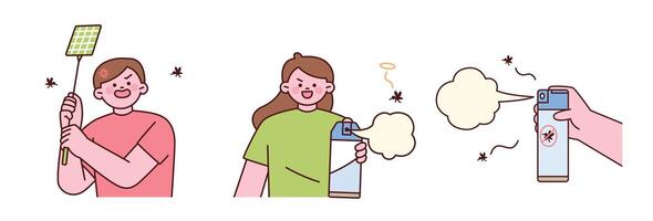 Person using insect spray and swatter vector