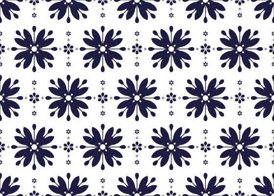 Seamless dark blue floral blooming on white background, ethnic fabric seamless pattern, design for cloth, carpet, batik, wallpaper etc