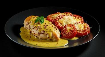 Chicken with mustard sauce and baked tomatoes photo