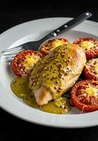 Chicken with mustard sauce and tomatoes photo