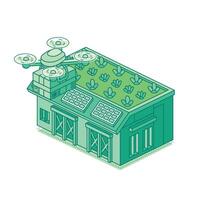 Isometric green warehouse with a vegetated roof, solar panels, and a delivery drone carrying a package. Concept of eco friendly smart logistics and sustainable technology. Illustration. vector