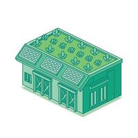 Isometric green warehouse with a vegetated roof and solar panels. Concept of sustainable architecture, eco friendly building, and renewable energy. vector