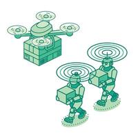 Isometric delivery robots and a drone carrying packages with wireless signals. Smart automation, AI logistics, and future technology in supply chain. Illustration. Objects isolated on white. vector