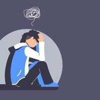 depressed boy flat design illustration. sit on the floor and hugging her knees or curl up. mental pressure concept vector