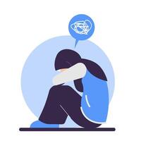sad hijab girl insecure flat design illustration. sit on the floor and hugging her knees or curl up. mental pressure concept vector