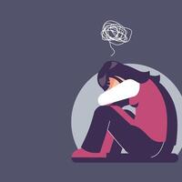 depressed girl flat design illustration. sit on the floor and hugging her knees or curl up. mental pressure concept vector