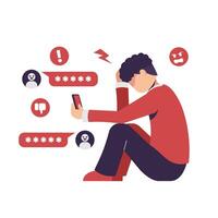 Cyber bullying. man sitting on the floor. negative comment and the pressure of society.. flat illustration vector